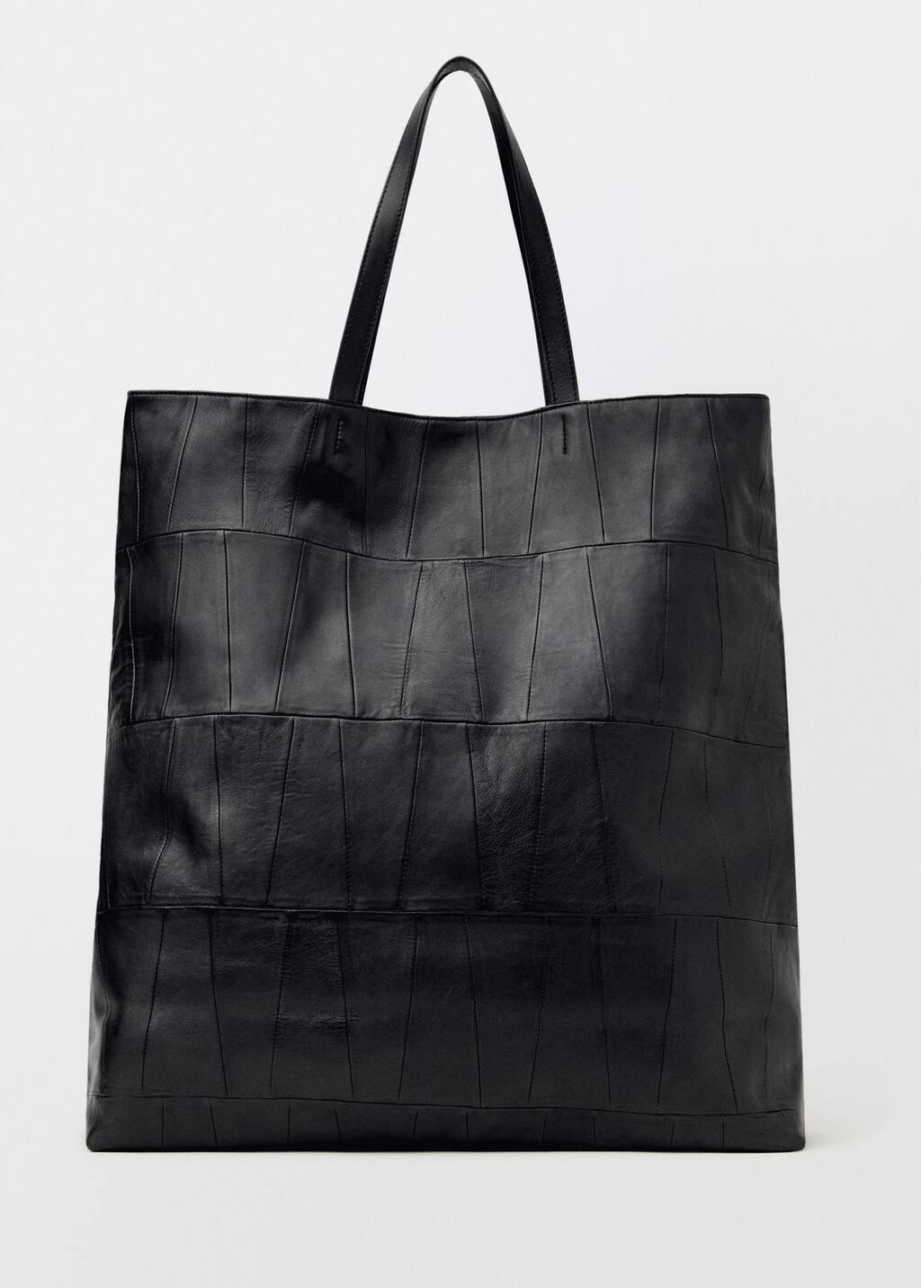 Black Patchwork Leather Shopper Bag, Black, large image number 4