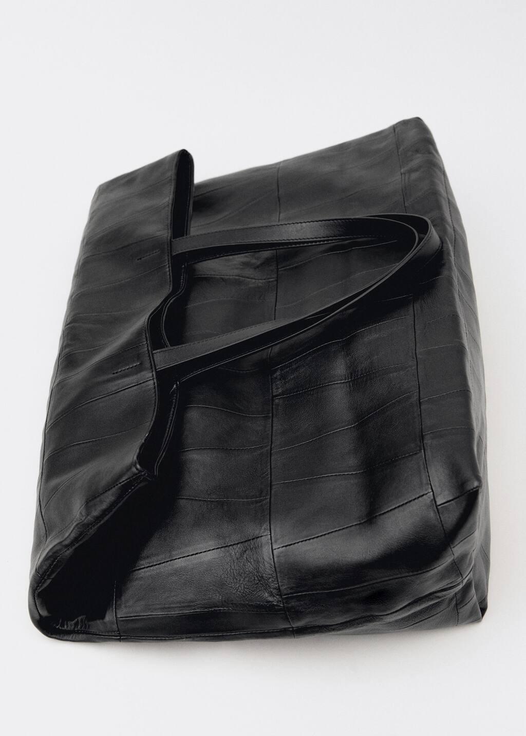 Black Patchwork Leather Shopper Bag, Black, large image number 5