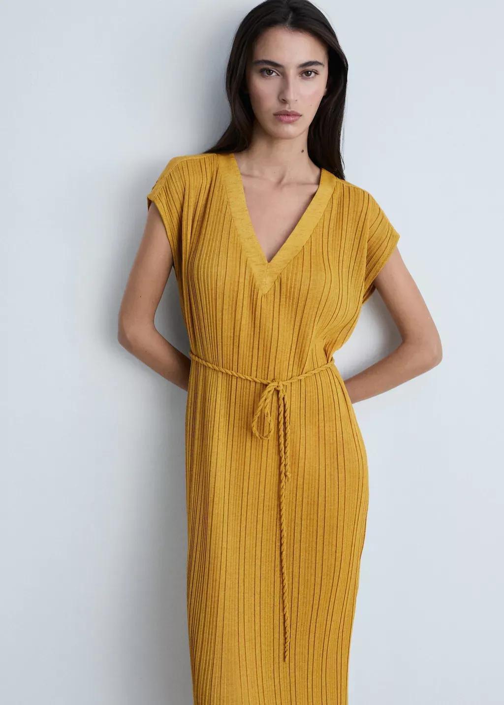 Yellow Belt Pleated Dress, , medium