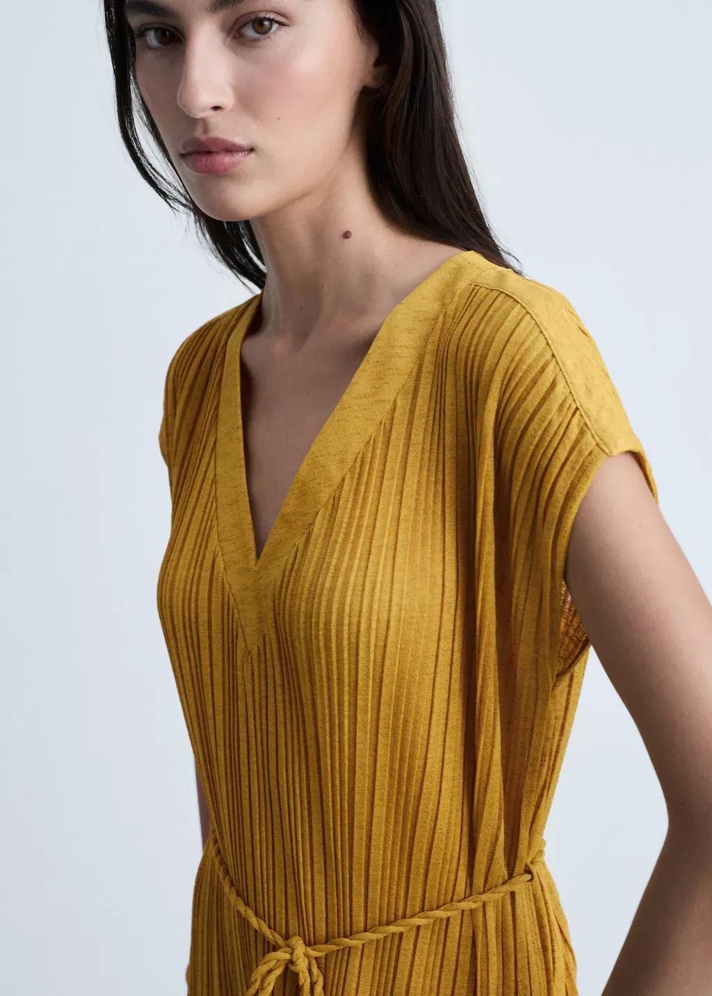 Yellow Belt Pleated Dress, , large image number 1