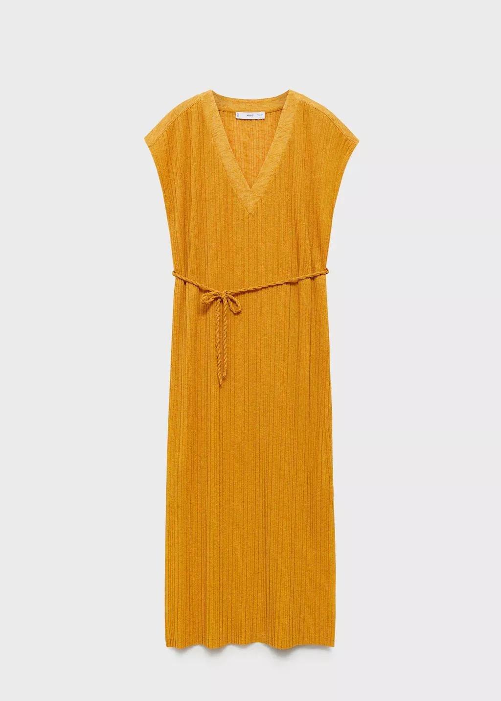 Yellow Belt Pleated Dress, , large image number 4