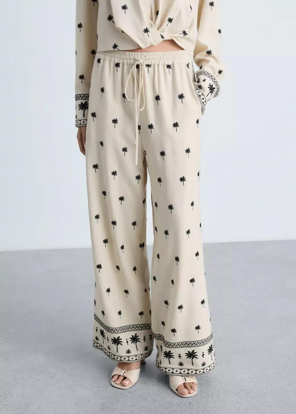 Beige Embroidered Straight-Fit Trousers, , medium