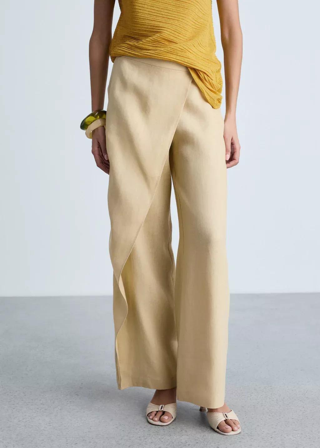 Brown Lt Pastel Linen Crossover Trousers, , medium