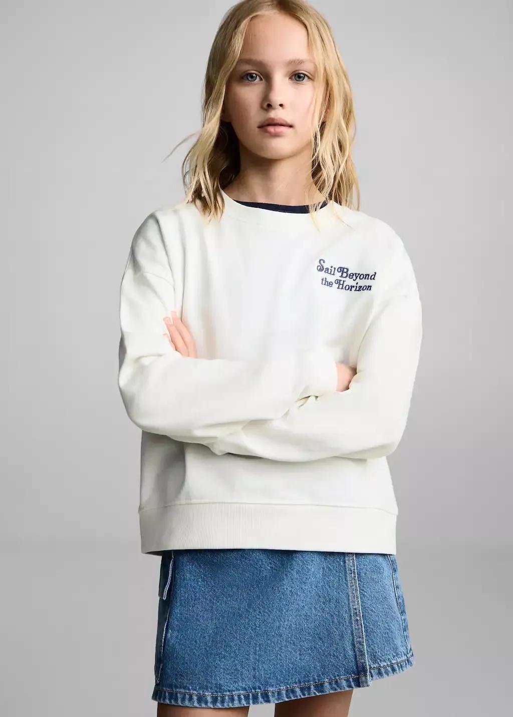 White Message Cotton Sweatshirt, Kids Girl, , medium