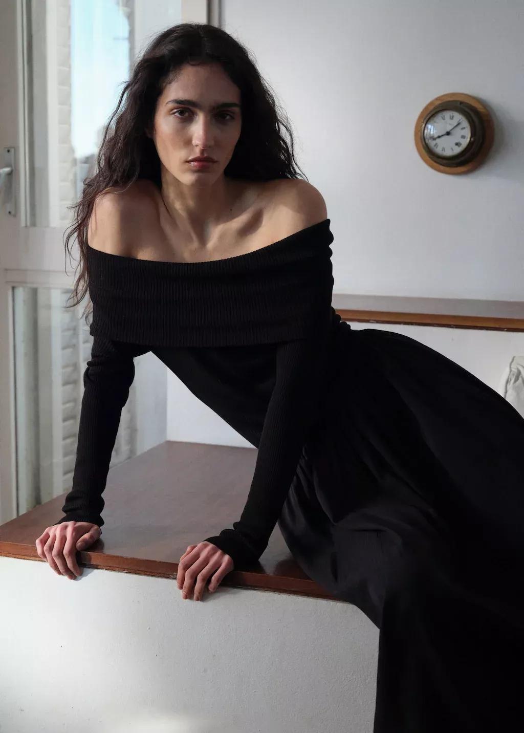 Black Off-The-Shoulder Knitted Dress, , large image number 0