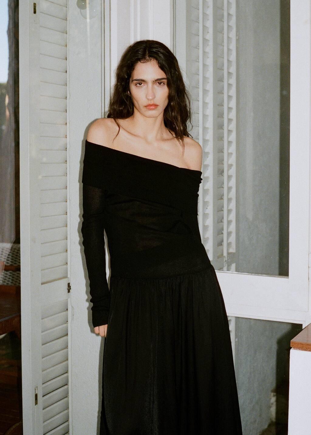 Black Off-The-Shoulder Knitted Dress, , large image number 1