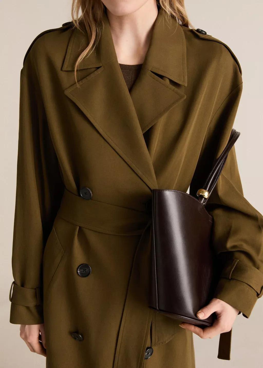 Khaki Oversized Long Lyocell Trench Coat, , medium