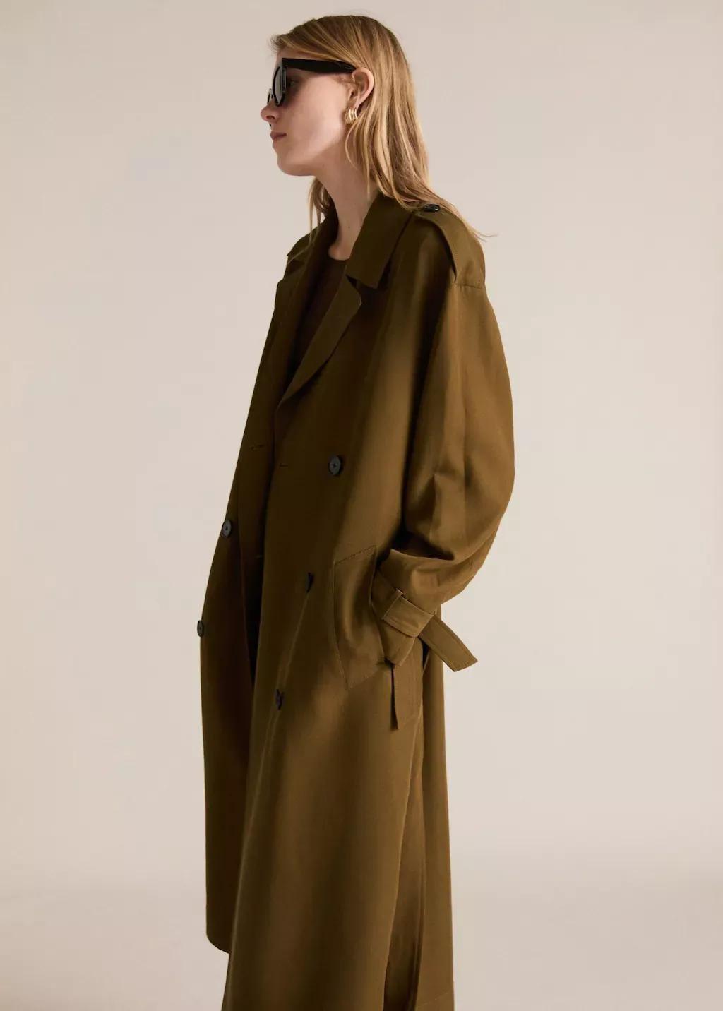 Khaki Oversized Long Lyocell Trench Coat, , large image number 3