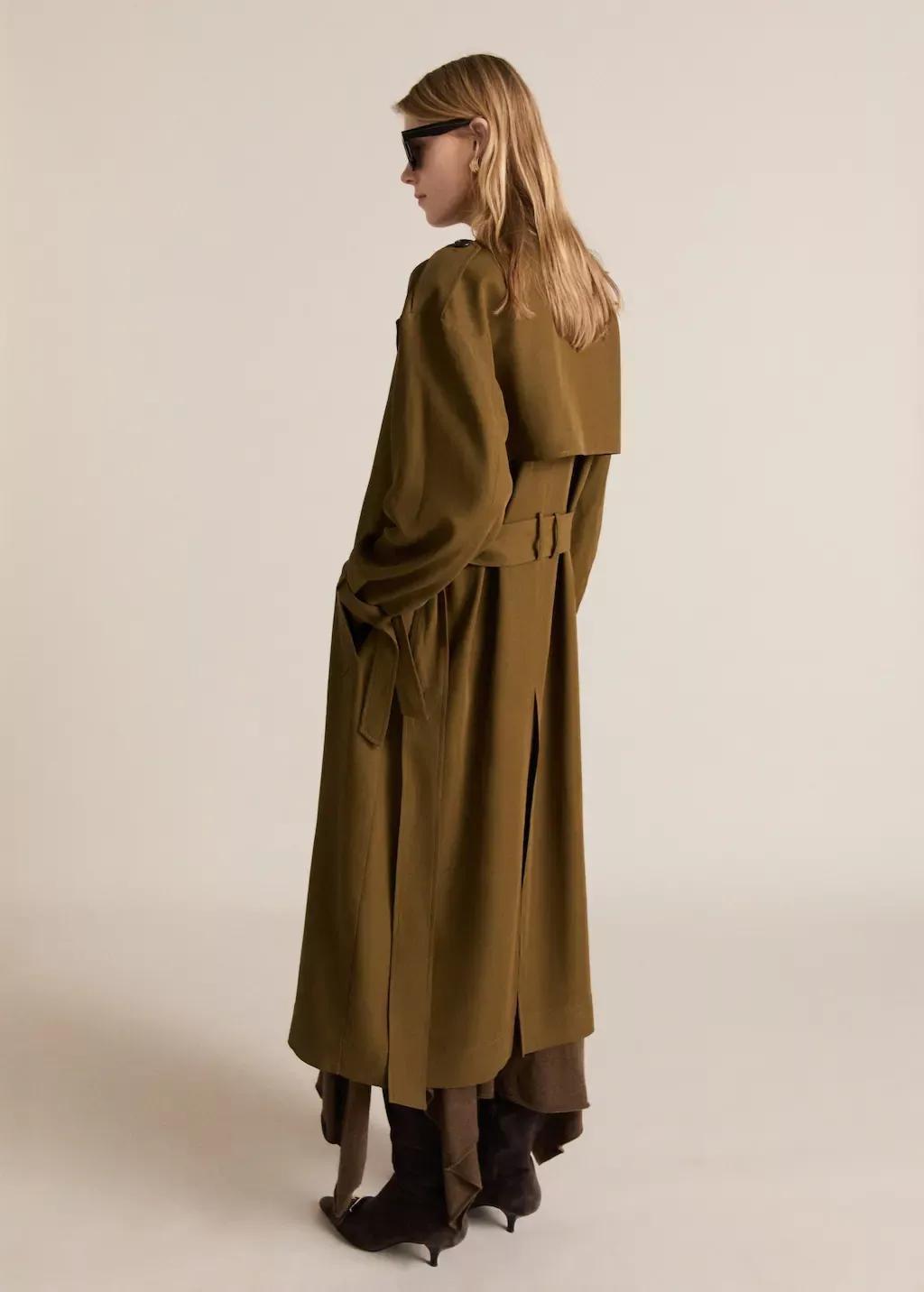 Khaki Oversized Long Lyocell Trench Coat, , large image number 7
