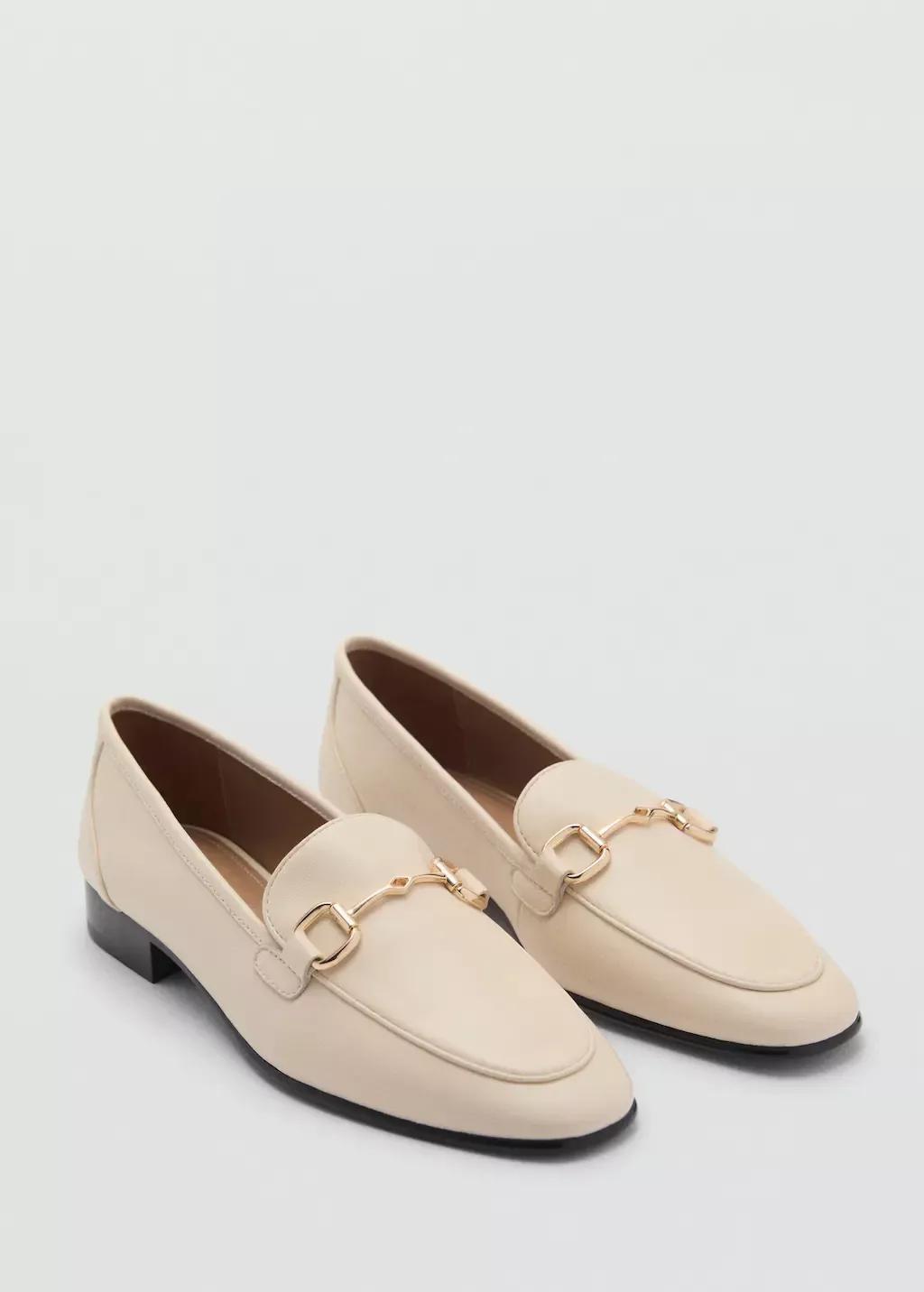 Beige Buckle Leather Moccasins, , medium
