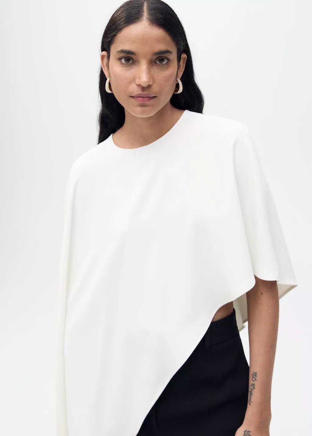 White Asymmetrical Round-Neck Cape, , medium