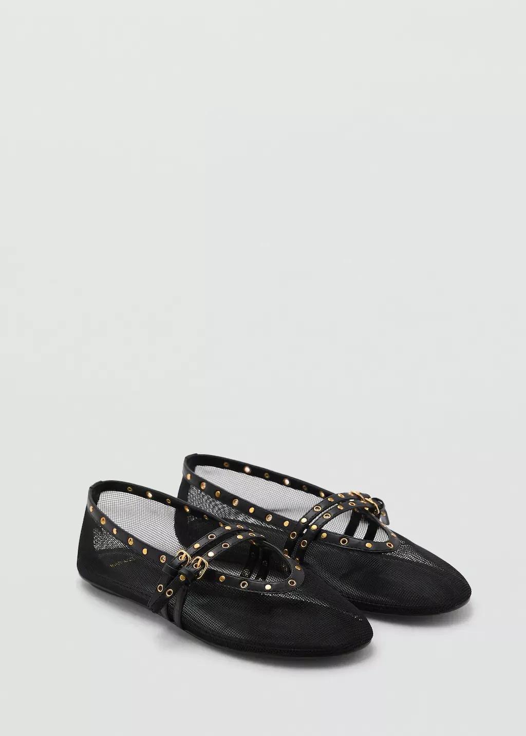 Black Mesh Ballerina Flats With Die-Cut Details, , medium