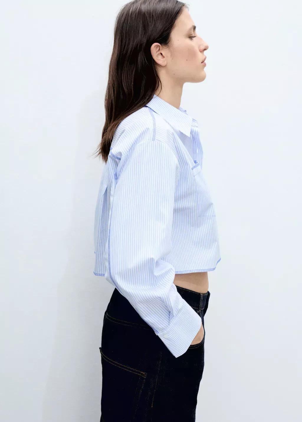 Blue Striped Crop Shirt With Stitching Detail, , large image number 0