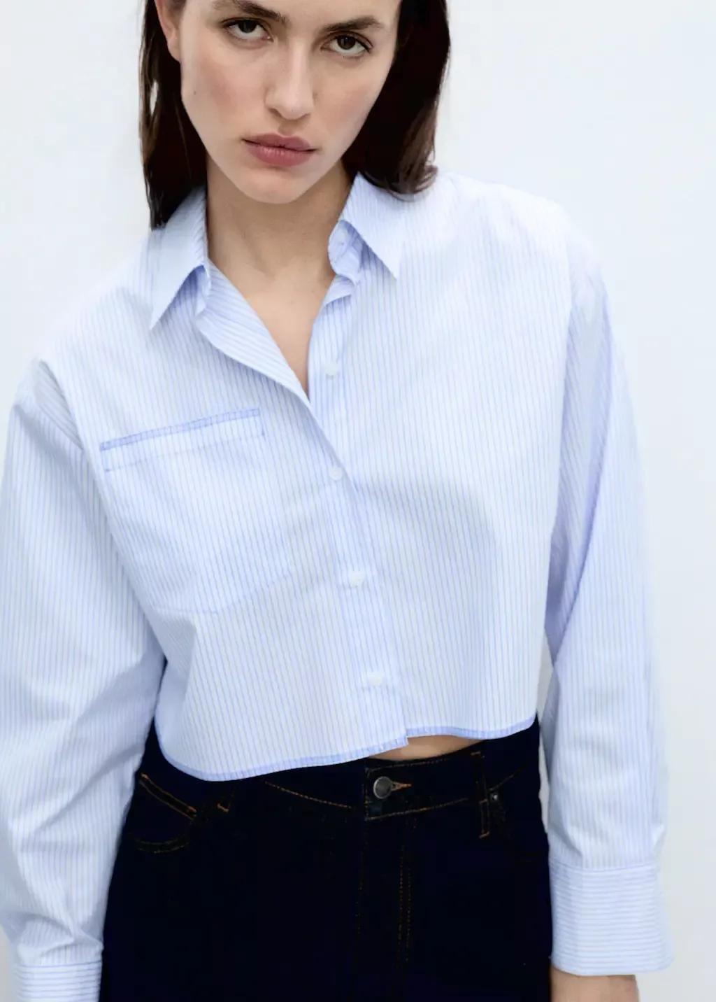 Blue Striped Crop Shirt With Stitching Detail, , large image number 1