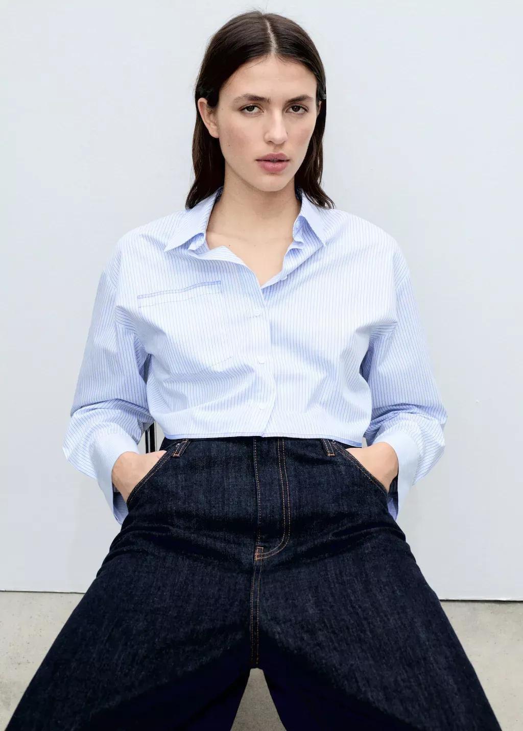 Blue Striped Crop Shirt With Stitching Detail, , large image number 2