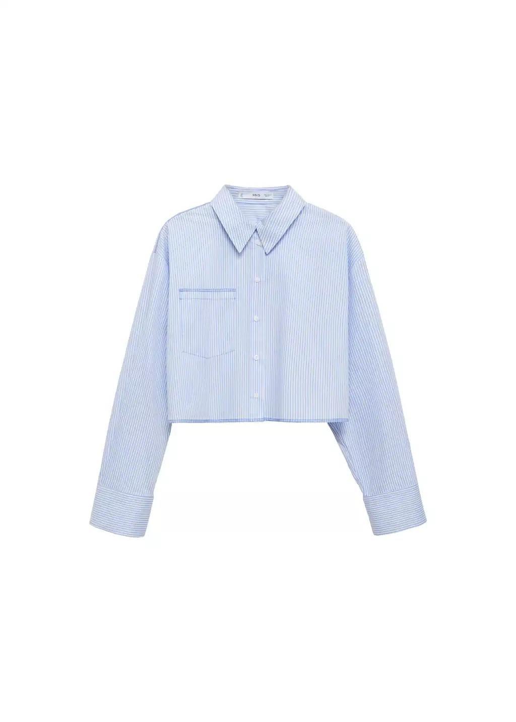 Blue Striped Crop Shirt With Stitching Detail, , large image number 3