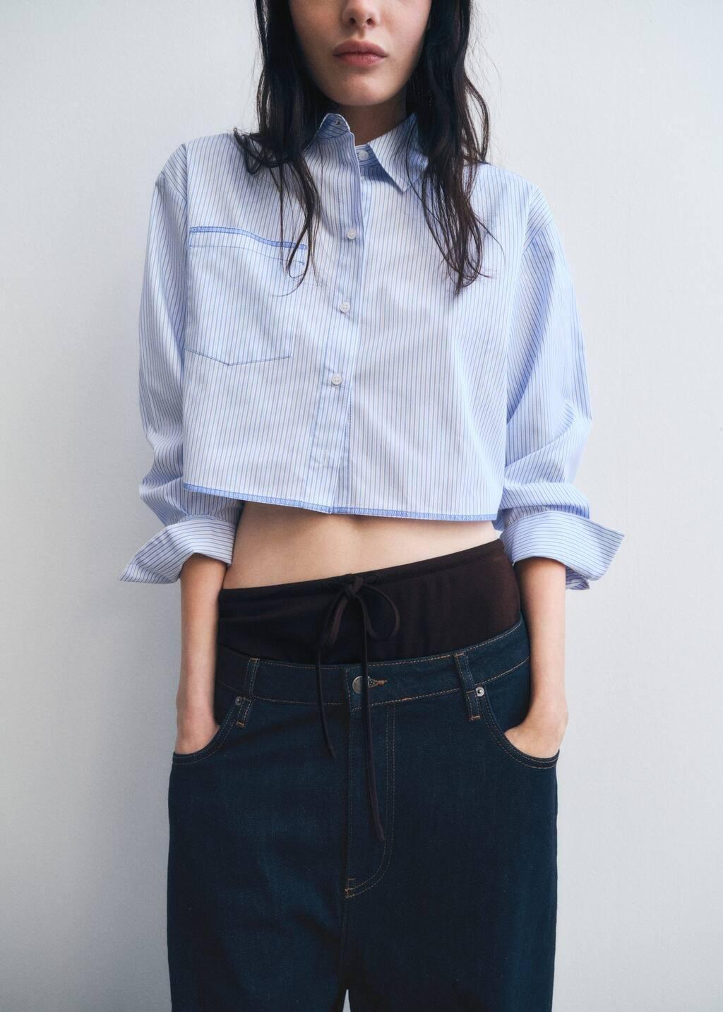 Blue Striped Crop Shirt With Stitching Detail, , large image number 5