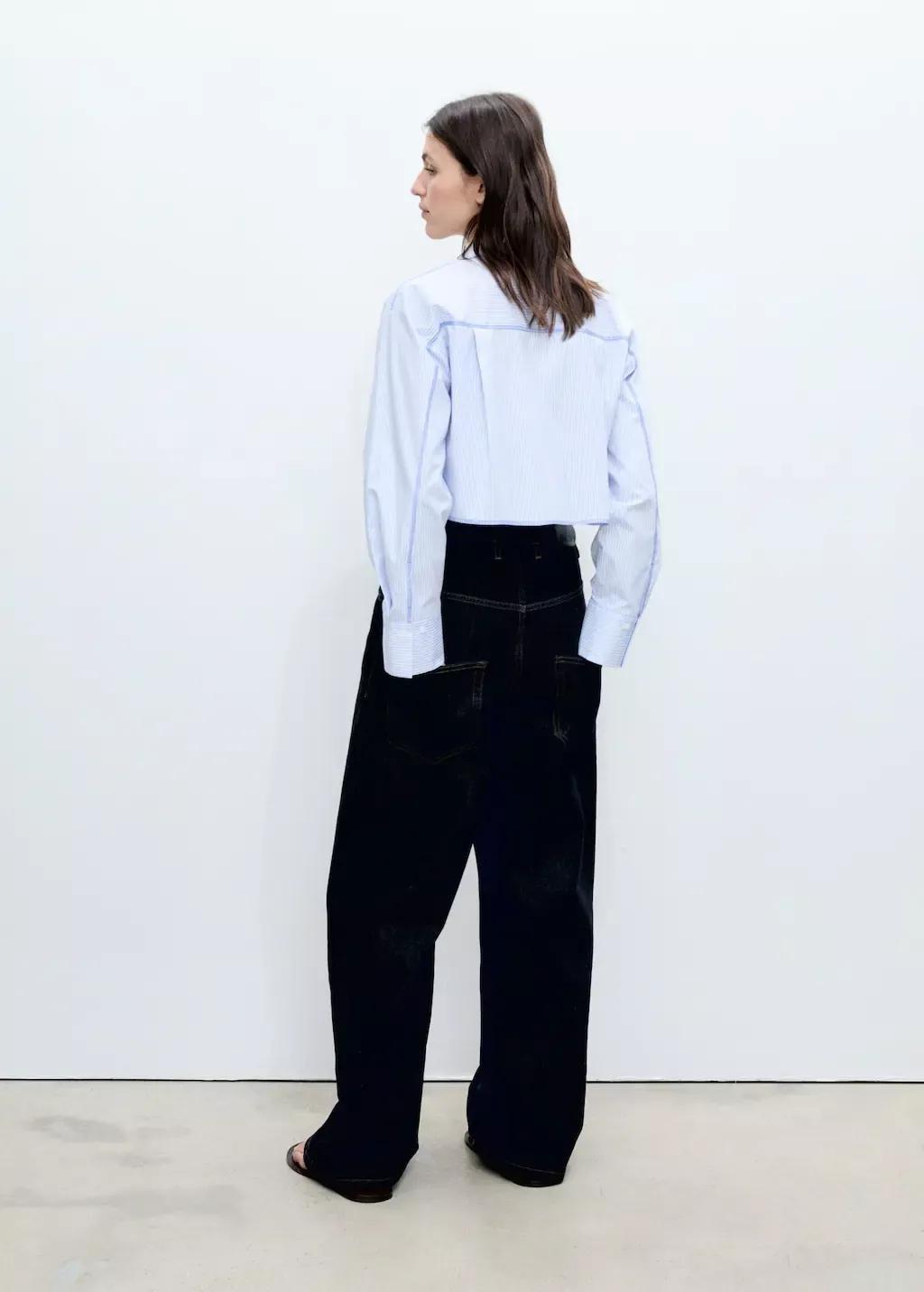 Blue Striped Crop Shirt With Stitching Detail, , large image number 6