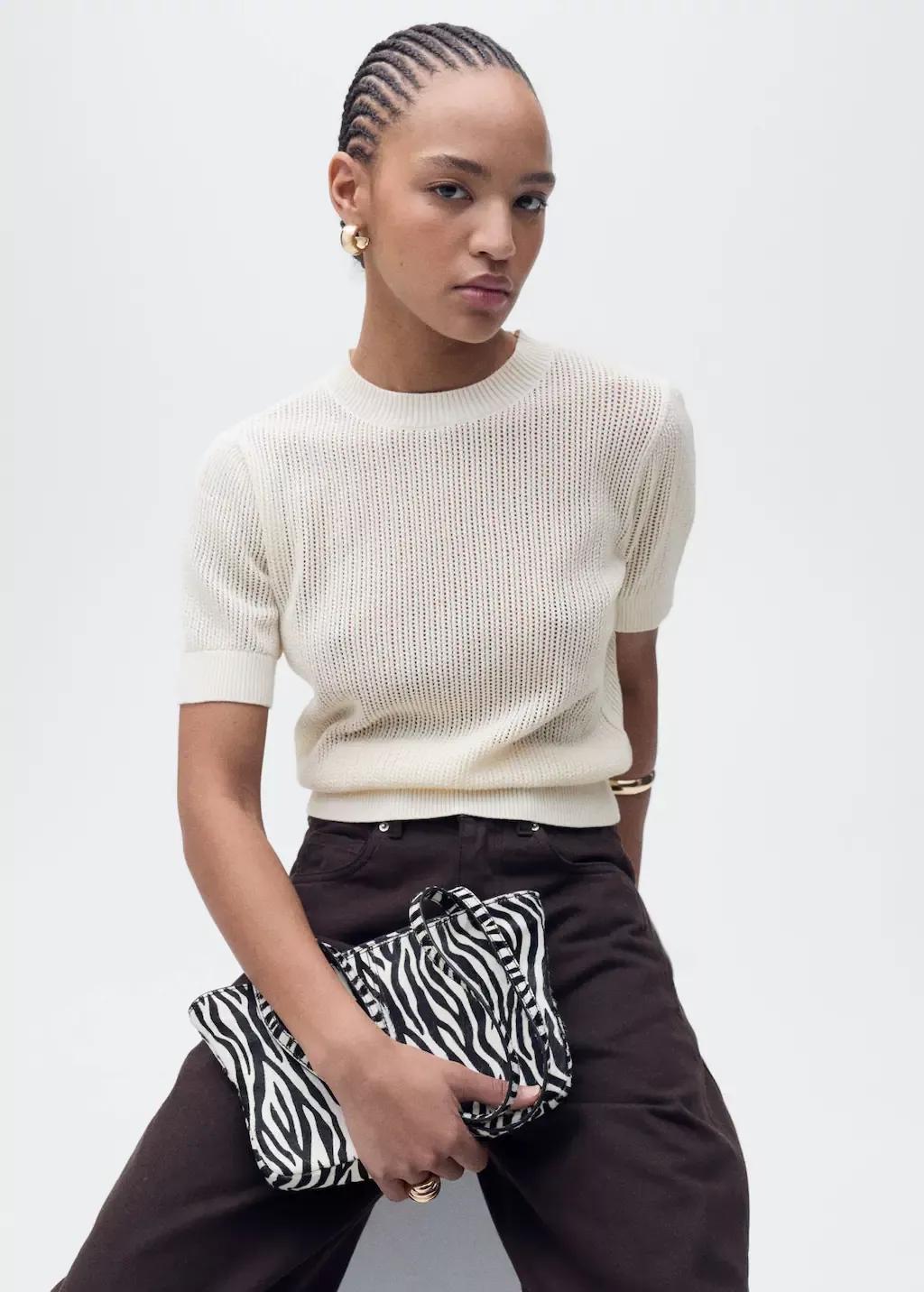 Beige Short-Sleeved Openwork Knitted Sweater, , large image number 0