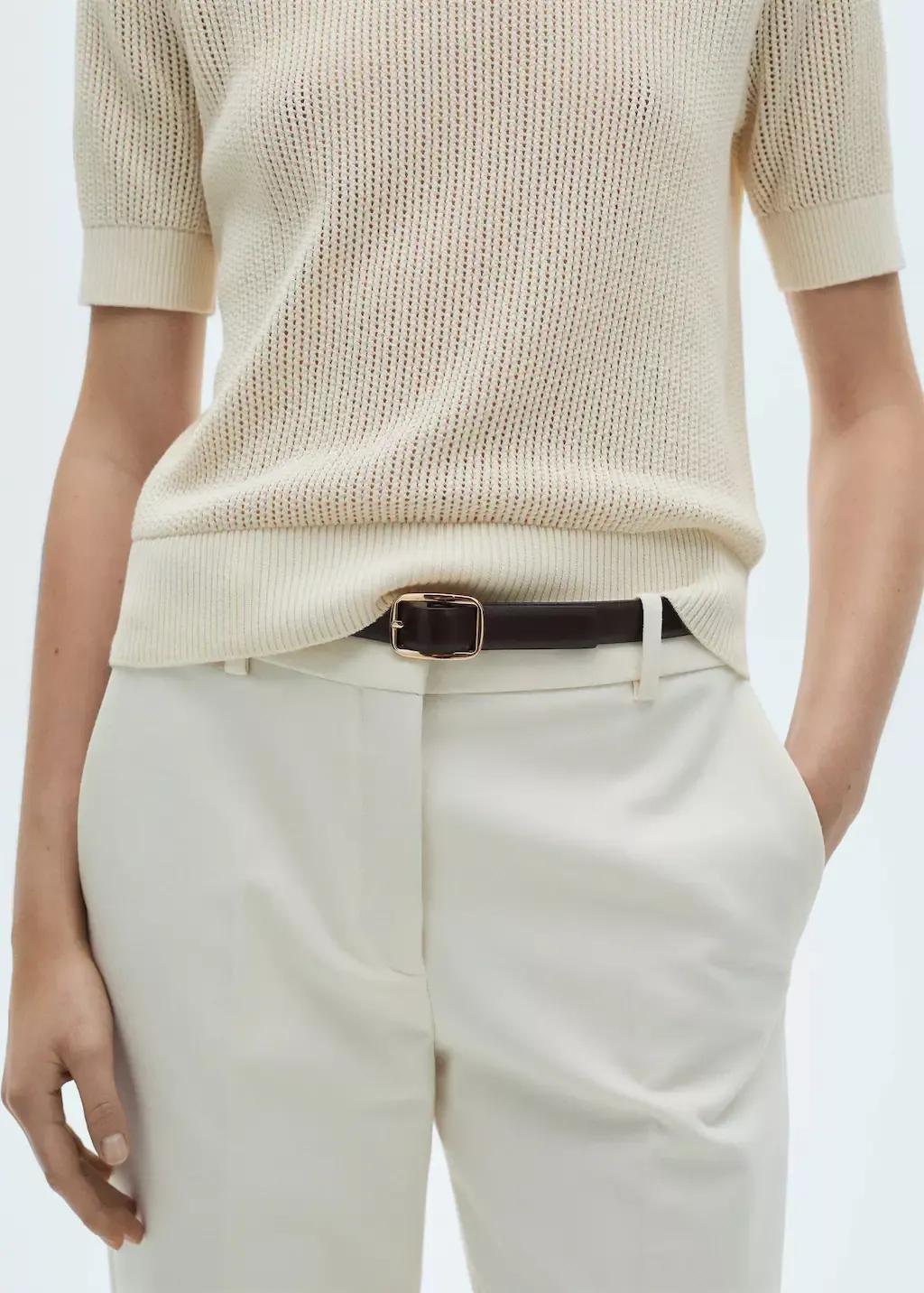 Beige Short-Sleeved Openwork Knitted Sweater, , large image number 2
