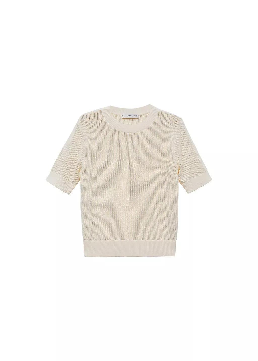 Beige Short-Sleeved Openwork Knitted Sweater, , large image number 3