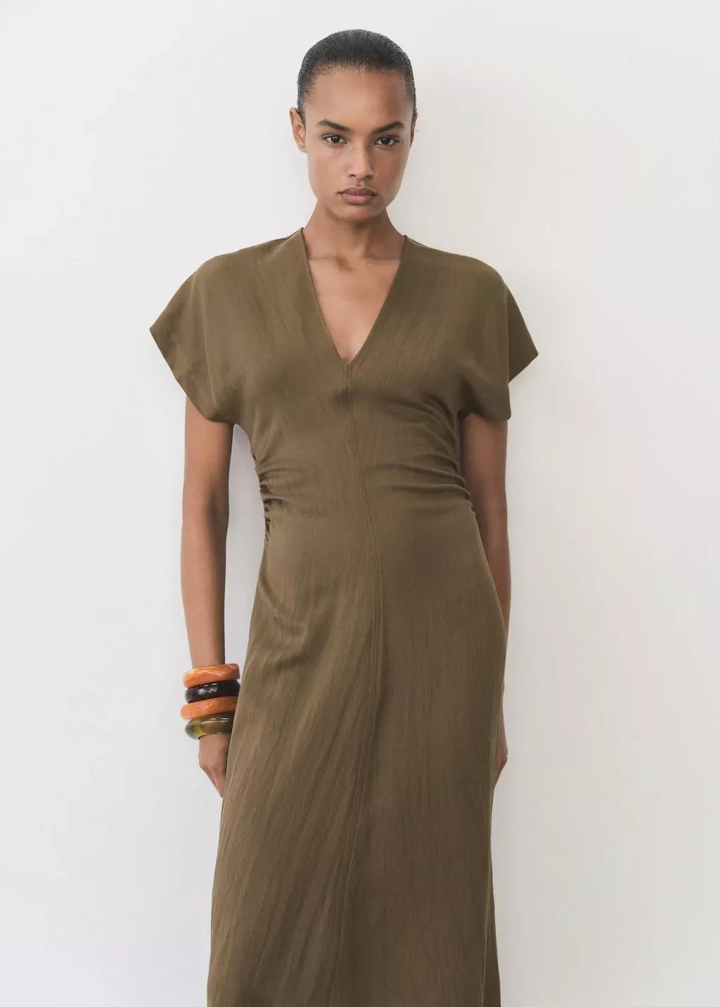 Brown Lyocell-Blend Dress With Draped Details, , medium