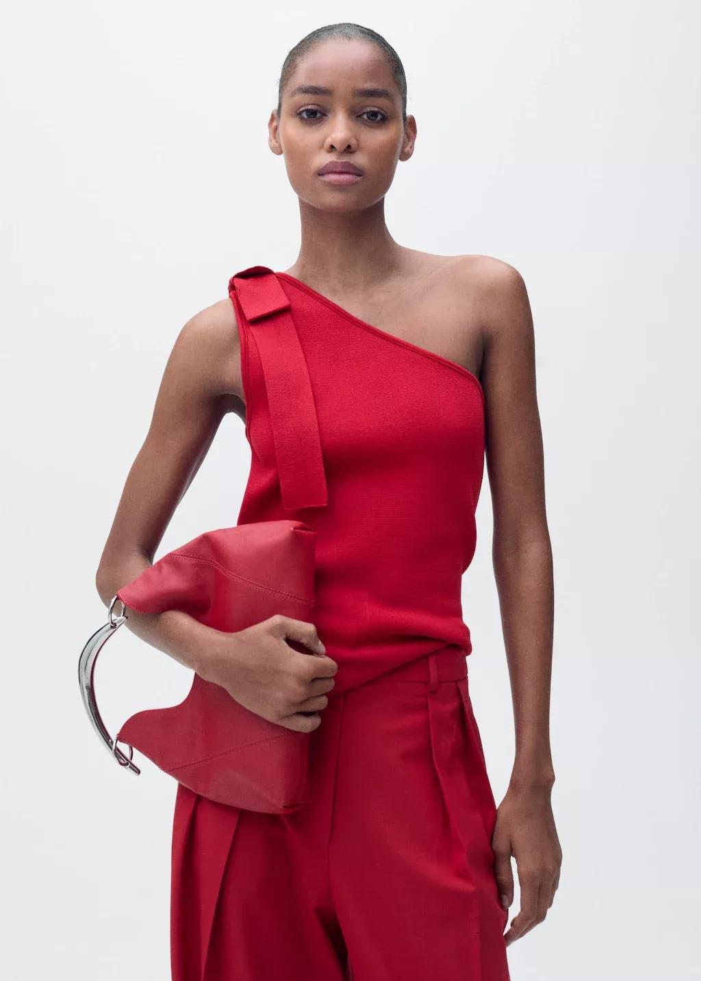 Red Asymmetrical Knitted Top With Bow, , large image number 0