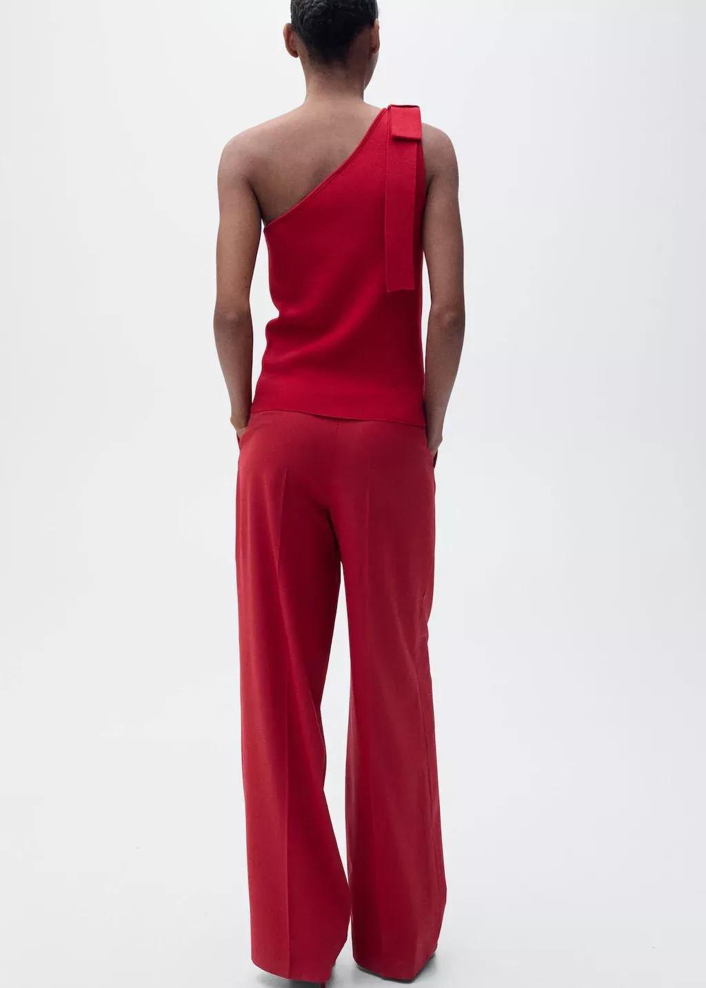 Red Asymmetrical Knitted Top With Bow, , large image number 4