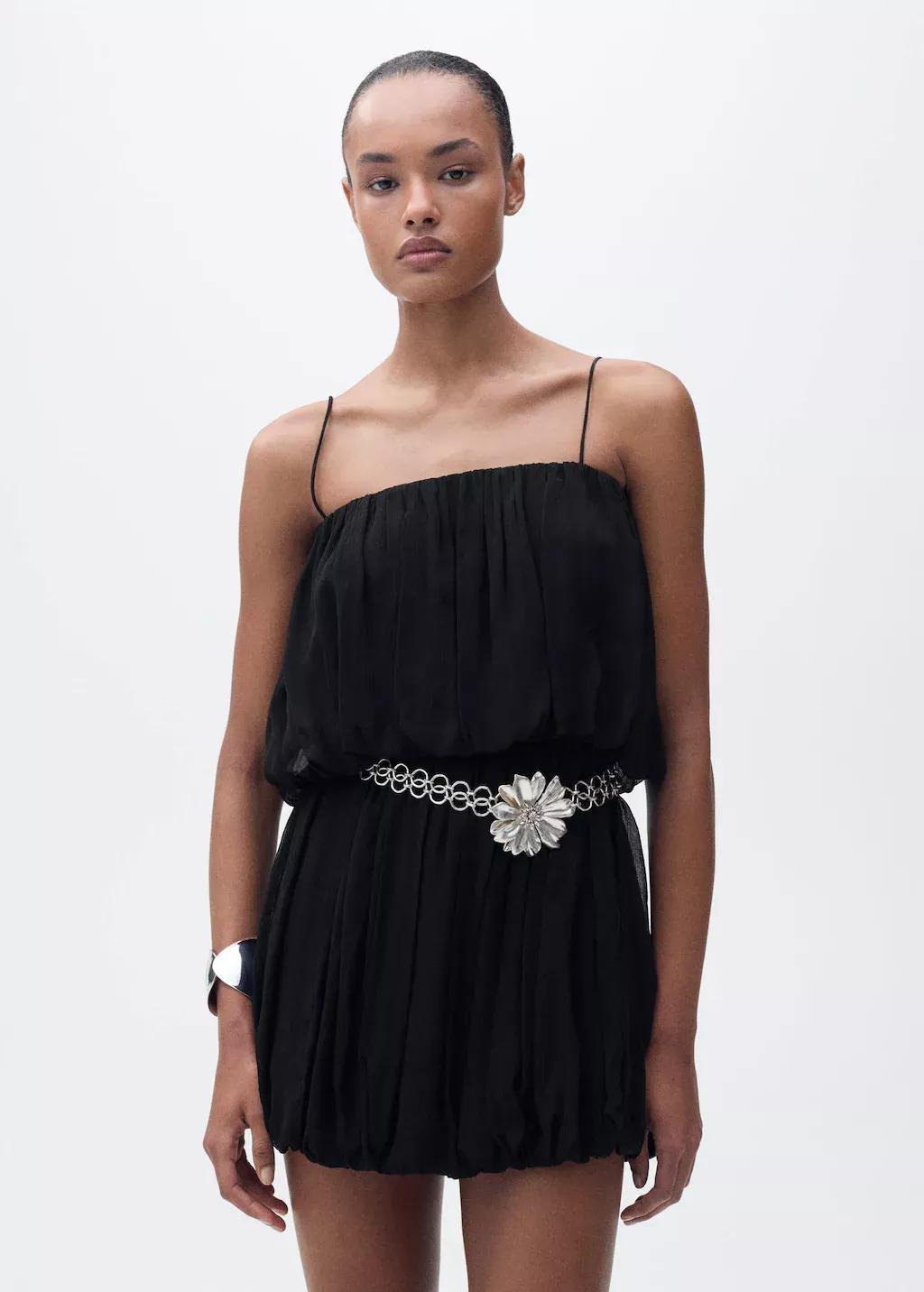 Black Short Balloon-Effect Gathered Dress, , large image number 0