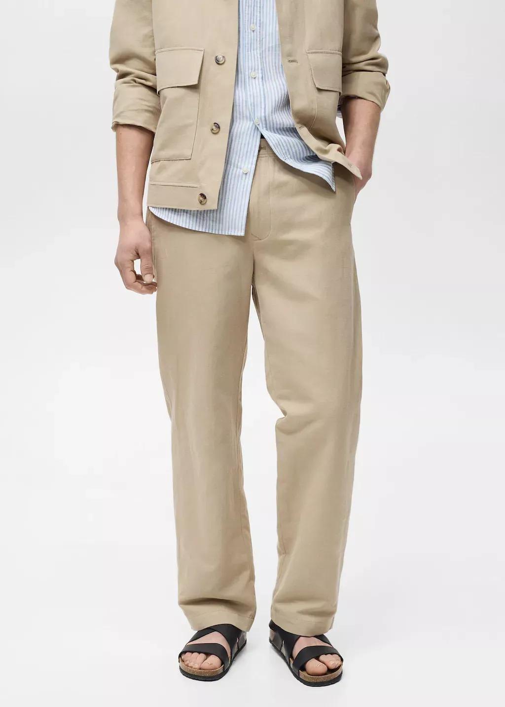 Beige Regular-Fit Linen Trousers, , large image number 0