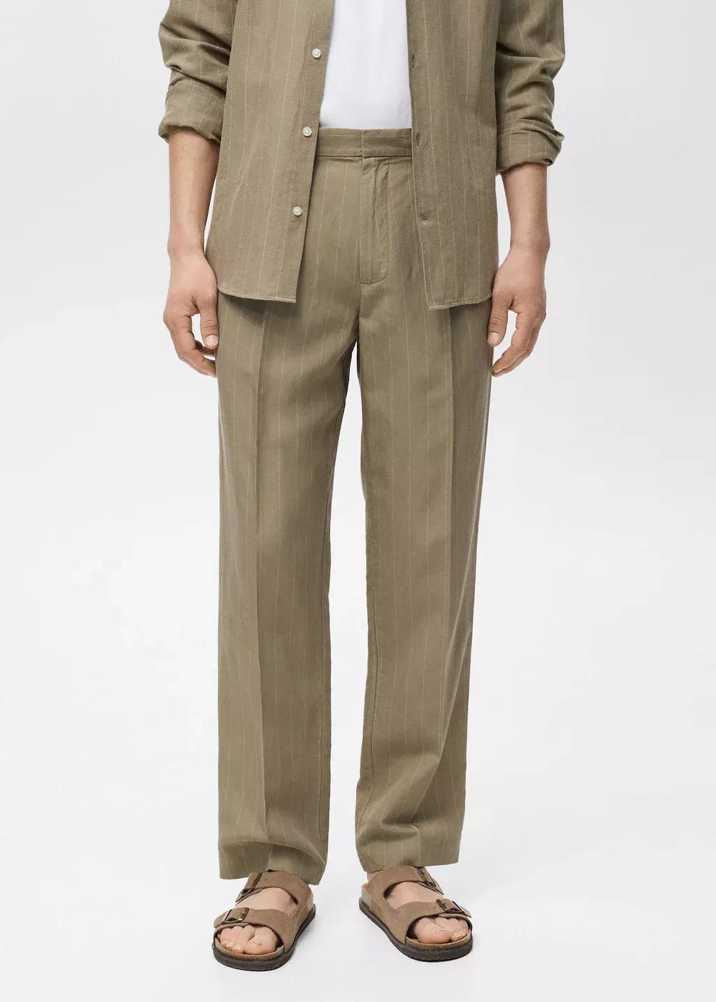 Khaki Pinstripe Linen Trousers, , large image number 0