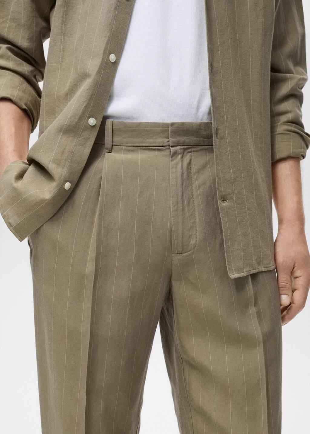 Khaki Pinstripe Linen Trousers, , large image number 1