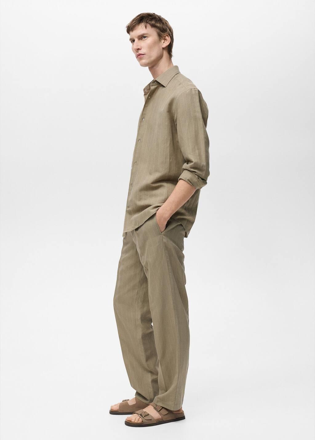 Khaki Pinstripe Linen Trousers, , large image number 2