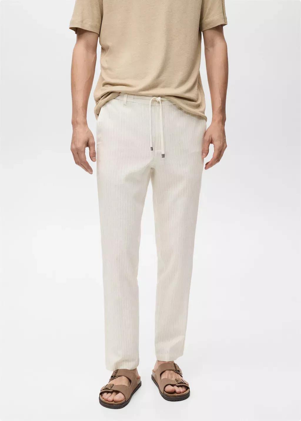 Beige Pinstripe Linen Trousers, , large image number 0