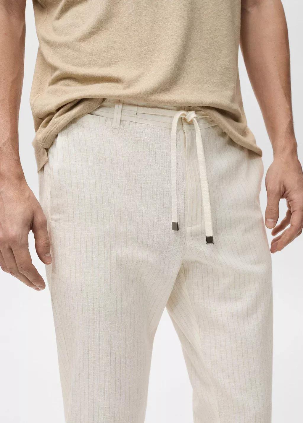 Beige Pinstripe Linen Trousers, , large image number 1