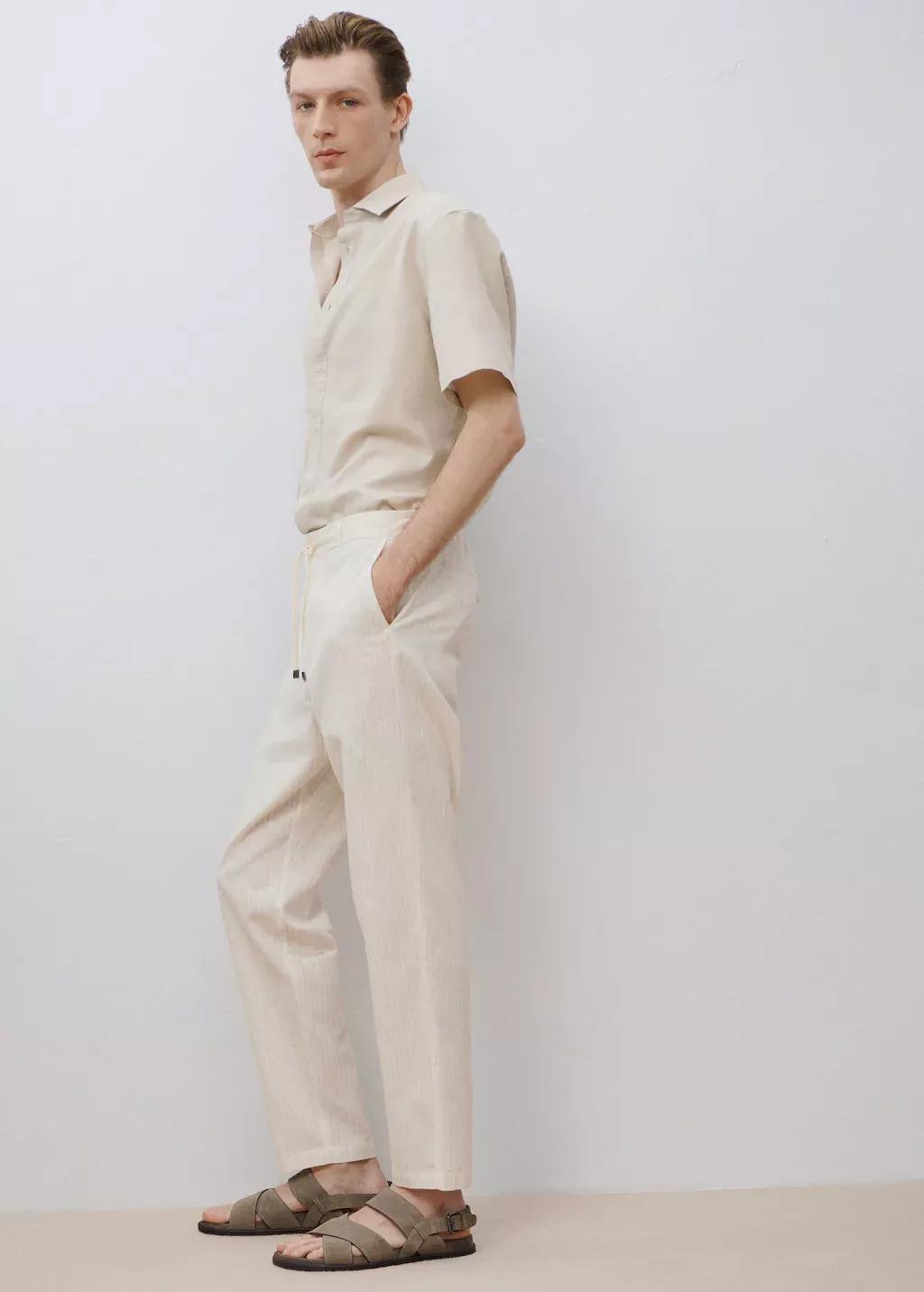 Beige Pinstripe Linen Trousers, , large image number 5