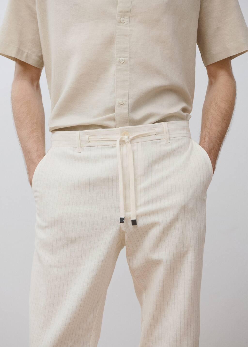 Beige Pinstripe Linen Trousers, , large image number 8
