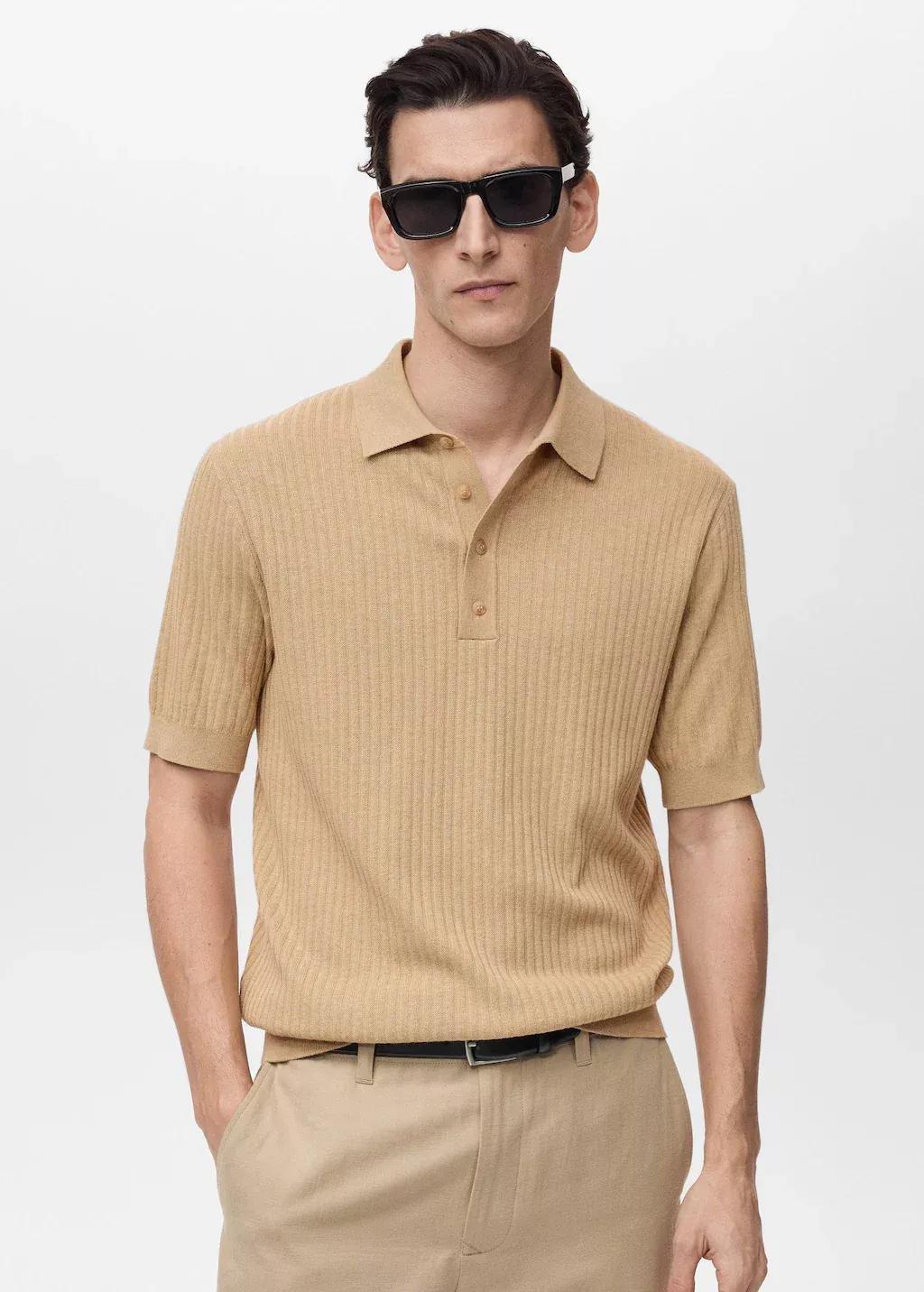 Beige Textured Knit Polo Shirt, , large image number 0