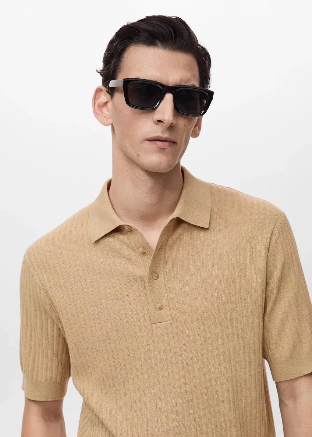 Beige Textured Knit Polo Shirt, , large image number 1