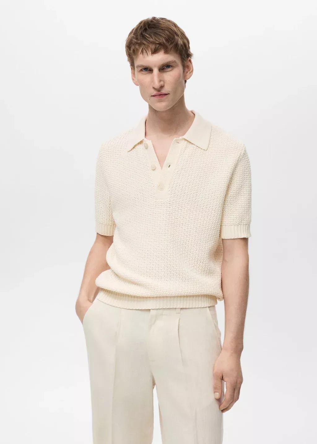 Beige Textured Knit Polo Shirt, , large image number 0