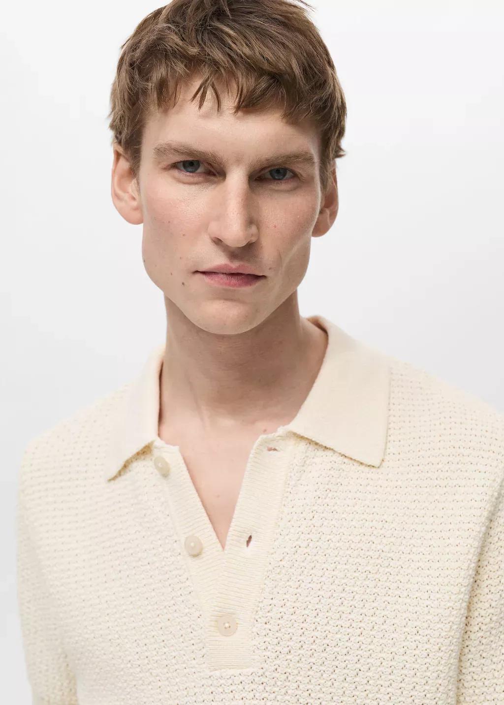 Beige Textured Knit Polo Shirt, , large image number 1