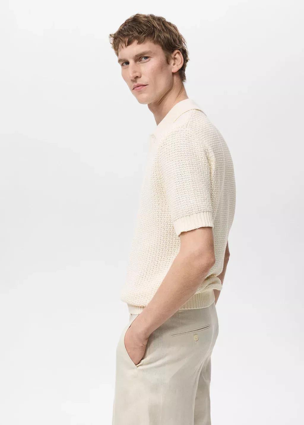 Beige Textured Knit Polo Shirt, , large image number 2
