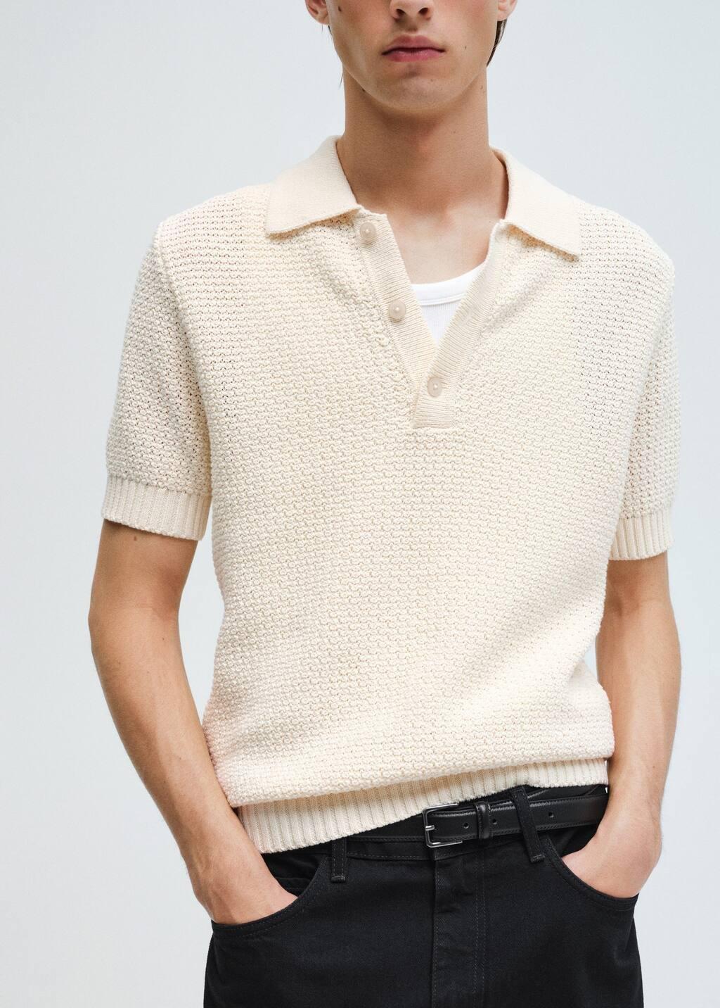 Beige Textured Knit Polo Shirt, , large image number 5