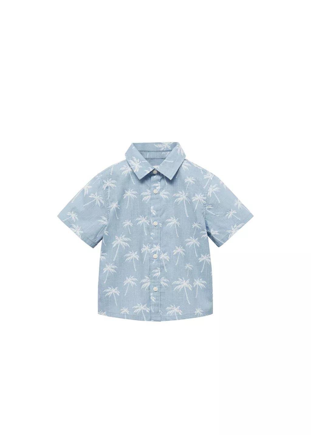 Blue Palm Print Cotton Shirt, Baby Boy, , large image number 0