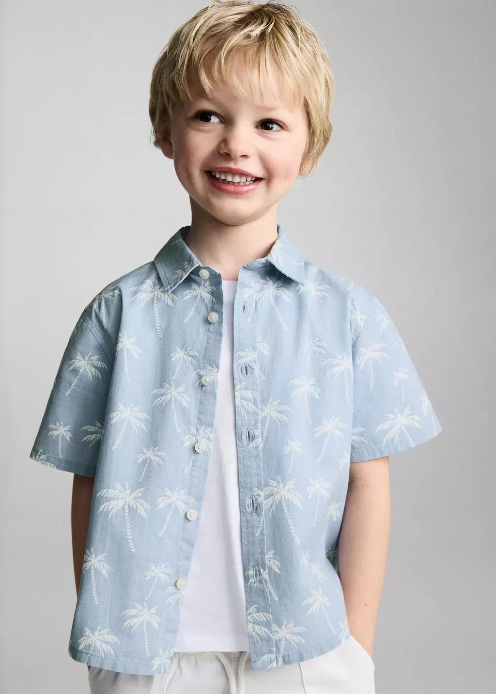Blue Palm Print Cotton Shirt, Baby Boy, , large image number 1