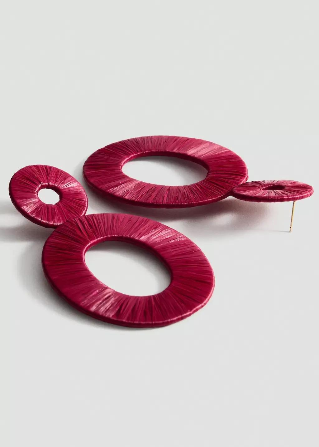 Red Natural Fibre Circular-Design Earrings, , medium
