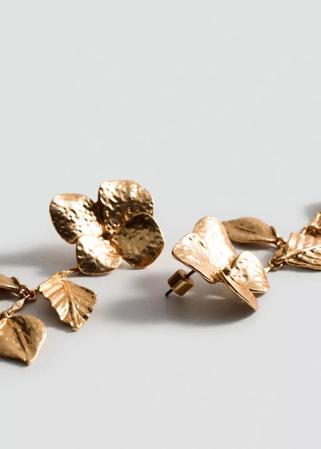 Gold Metallic-Flower Hanging Earrings, Gold, large image number 0