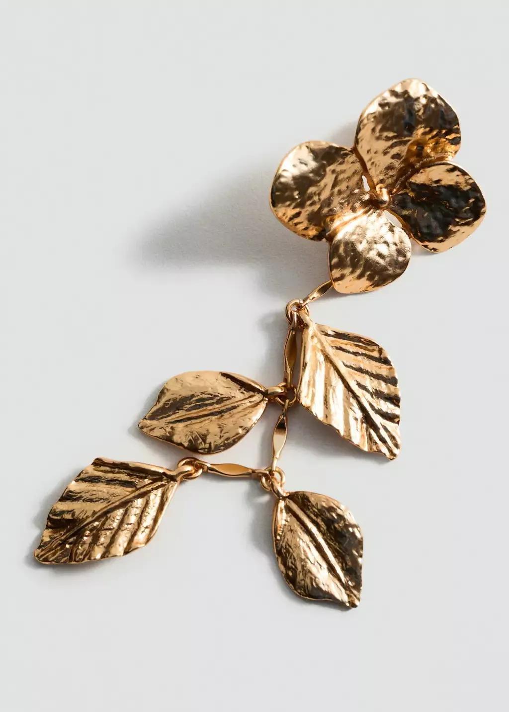 Gold Metallic-Flower Hanging Earrings, Gold, large image number 1