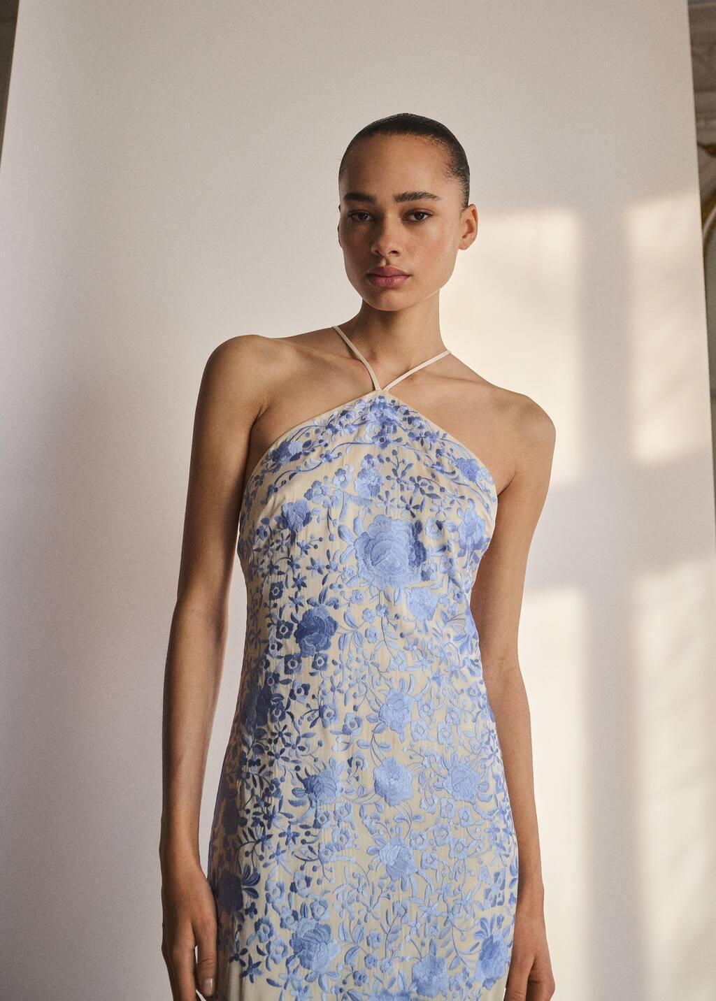 Blue Floral-Embroidered Dress With Fringe Detail, , large image number 0