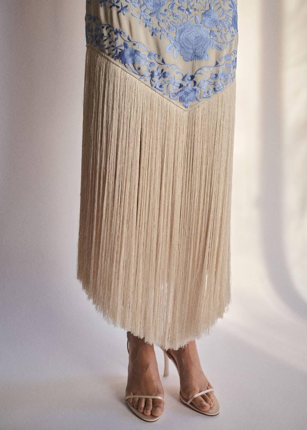 Blue Floral-Embroidered Dress With Fringe Detail, , large image number 2